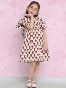 Indo Era Girls Off White Ethnic Print Flared Sleeve Pure Cotton A-Line Dress