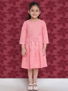 Indo Era Girls Pink Floral Print Tiered Pure Cotton Fit & Flare Dress
