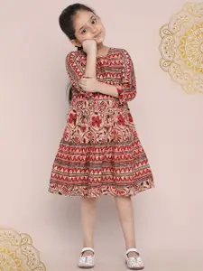 Indo Era Girls Pink Ethnic Print Pure Cotton Fit & Flare Dress