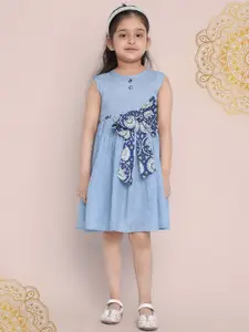 Indo Era Girls Blue Round Neck Bow Pure Cotton Fit & Flare Dress