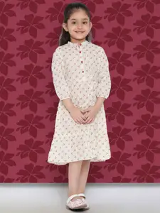 Indo Era Girls Beige Floral Printed Layered Cotton A-Line Dress