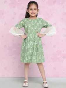 Indo Era Girls Green Floral Printed Bell Sleeve Cotton A-Line Dress