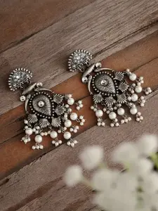 ATIBELLE Silver-Plated Contemporary Stone-Studded & Beaded Drop Earrings