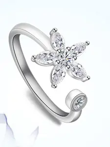 MYKI Silver-Plated CZ-Studded Stainless Steel Adjustable Finger Ring