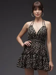 BAESD Floral Printed Halter Neck Crepe Fit & Flare Mini Dress