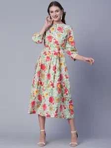 FASHOR Off White Floral Printed Mandarin Collar Pleated A-Line Midi Dress With Belt