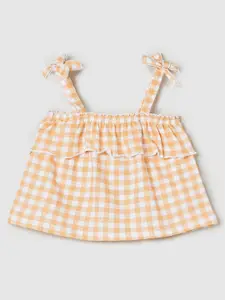 max Girls Checked Shoulder Straps Ruffles Pure Cotton A-Line Top