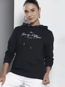 Tommy Hilfiger Brand Logo Printed Pure Cotton Hooded Sweatshirt