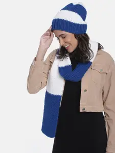 Magic Needles Women Striped Acrylic Beanie with Scarf