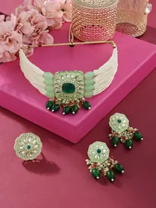 Zaveri Pearls Gold-Plated Kundan Studded & Beaded Necklace & Earrings With Ring