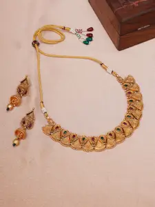 Ruby Raang Gold-Plated Kundan-Studded & Beaded Temple Necklace & Earrings