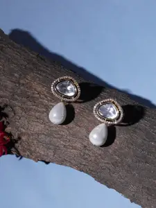 Ruby Raang Gold-Plated Kundan Studded Classic Pearl Drop Earrings