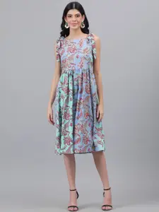 Kotty Purple And Sea Green Paisley Printed Fit & Flare Midi Dress