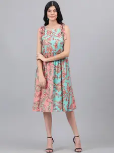 Kotty Pink And Sea Green Paisley Ethnic Print Fit & Flare Midi Dress