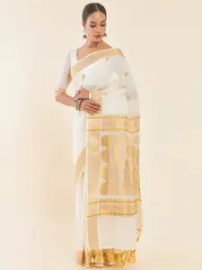 Soch Off-White & Gold Woven Design Zari Pure Cotton Kasavu Saree