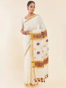 Soch Off White & Gold-Toned Ethnic Motifs Woven Design Zari Pure Cotton Kasavu Saree
