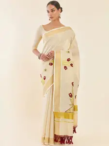 Soch Off-White & Gold Woven Design Embroidered Tissue Kasavu Saree