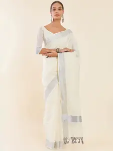 Soch Off-White & Silver-Toned Zari Pure Cotton Kasavu Saree