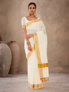 Soch Off White & Gold-toned Zari Pure Cotton Kasavu Saree