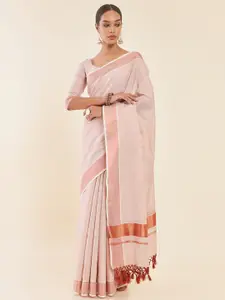 Soch Off White Solid Zari Tissue Kasavu Saree