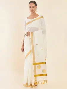 Soch Off White & Gold Ethnic Motifs Zari Pure Cotton Kasavu Saree