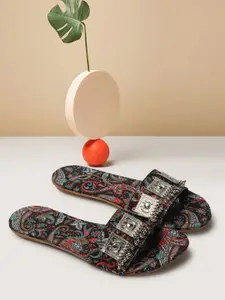 FASHIMO Ethnic Printed Embellished Open Toe Flats