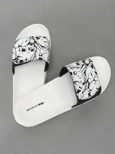 Bewakoof Men Black & White Grunge Skull Printed Rubber Sliders With Velcro