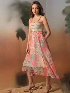 RAREISM Floral Printed Smocked Detailed A-Line Midi Dress