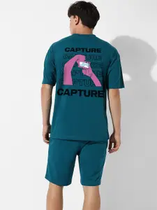 Campus Sutra Teal Blue Printed Oversized T-Shirt & Shorts