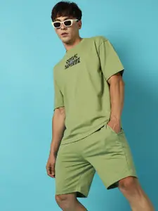 Campus Sutra Green Printed Oversized T-Shirt & Shorts