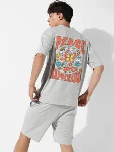 Campus Sutra Grey Printed Oversized T-Shirt & Shorts
