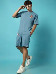 Campus Sutra Blue Printed Oversized T-Shirt & Shorts