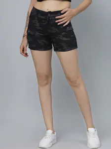 Roadster Women Black Camouflage Printed High-Rise Cotton Denim Shorts