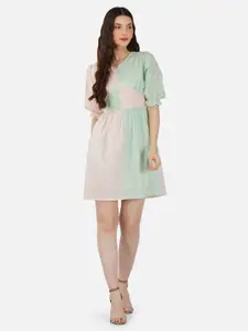 METRO-FASHION Colourblocked V-Neck Puff Sleeves Pure Cotton Fit & Flare Dress