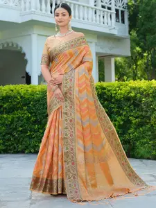 Satrani Orange & Gold-Toned Floral Woven Design Zari Organza Banarasi Saree