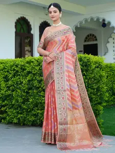 Satrani Green & Mustard Chevron Woven Design Zari Banarasi Saree