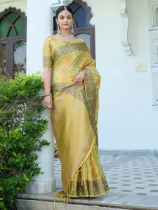 Satrani Yellow & Peach-Coloured Chevron Woven Design Zari Banarasi Saree