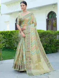 Satrani Green & Blue Chevron Woven Design Zari Banarasi Saree