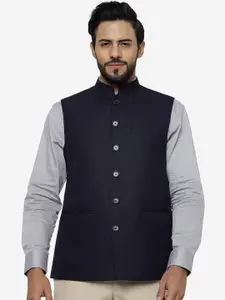 JADE BLUE Mandarin Collar Woollen Nehru Jacket