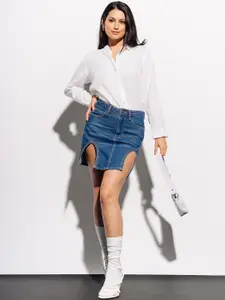FREAKINS Pencil Denim Cotton Cut Out Mini Skirt