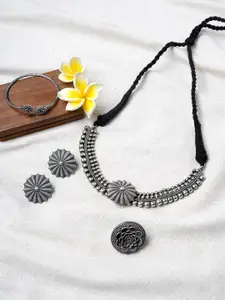 TEEJH Silver-Plated Oxidised Jewellery Set With Ring & Bracelet