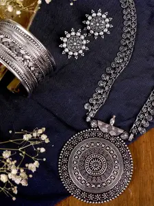 TEEJH Silver-Plated Oxidised Jewellery Set With Ring & Bracelet