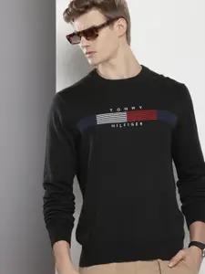 Tommy Hilfiger Pure Cotton Self Striped Embroidered Pullover Sweaters