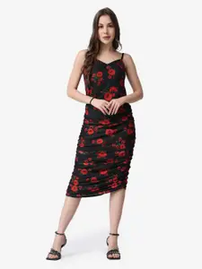Popwings Floral Printed Shoulder Straps Ruched Bodycon Midi Dress