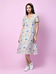 Zink London White Floral Printed Puff Sleeves A-Line Midi Dress