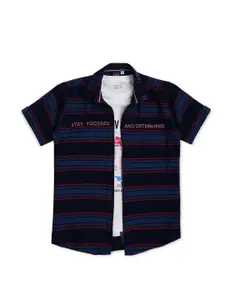 CAVIO Boys Comfort Horizontal Striped Pure Cotton Casual Shirt With T-Shirt