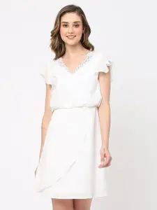 MISH White V-Neck Flutter Sleeves Blouson Dress
