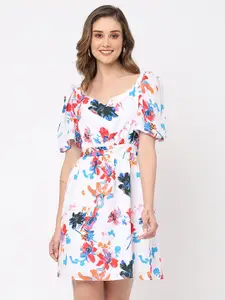 MISH White And Blue Floral Printed Sweetheart Neck Fit & Flare Dress