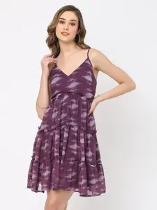 MISH Purple Abstract Printed Shoulder Straps Tiered Fit & Flare Dress
