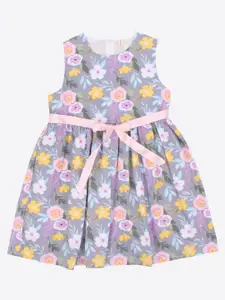 CUTECUMBER Girls Floral Printed Tie Up Cotton Fit & Flare Dress